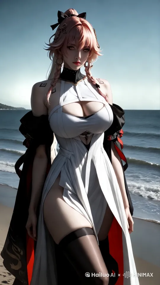 一个美女在前滩悠闲地散步，镜头跟拍。画质 4K 超清，写实风格。美女有着黑色的直发，身穿白色连衣裙。前滩阳光明媚，沙滩金黄细腻，海浪轻轻拍打着岸边。使用 85mm 焦距，光圈 f/2.5，感光度 ISO 80。 by Hailuo AI Video Generator