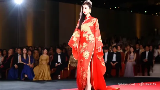 一位东方美女身穿一袭高定旗袍礼服，礼服上绣有精致的金线花纹，搭配一双黑色高跟鞋。她的长发盘成优雅的发髻，妆容精致，眼妆浓烈但不失东方韵味。背景是星光璀璨的颁奖典礼现场，镁光灯闪烁，观众席上坐满了嘉宾。主体动态呈现，自然，人物在走秀。表情自然，镜头
跟随，气质 by Hailuo AI Video Generator