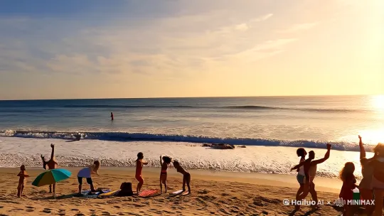 生成一个30秒的短视频脚本，主题是夏日海滩旅行，包含场景和对话，需对口画面及声音[右摇,变焦推进] by Hailuo AI Video Generator