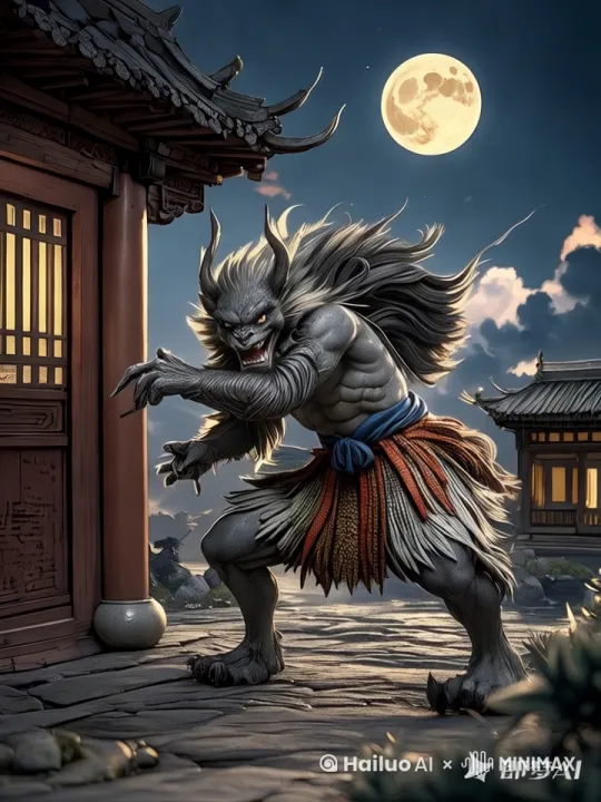 图中怪物主体动作鬼鬼祟祟，头发飘逸，怪物猛的蹲下身子，用力跳到了屋檐上；镜头向上跟随到屋檐位置，怪物转身面向月亮，咆哮不止 by Hailuo AI Video Generator