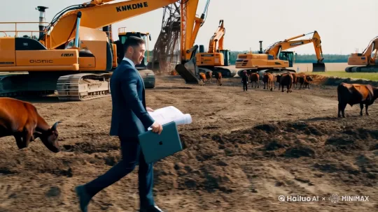 一个西装革履的男士，夹着图纸和笔记本电脑，走在建筑工地上，身边都是牛马，不停这吵闹。[右移,跟随][右移,左摇,跟随] by Hailuo AI Video Generator