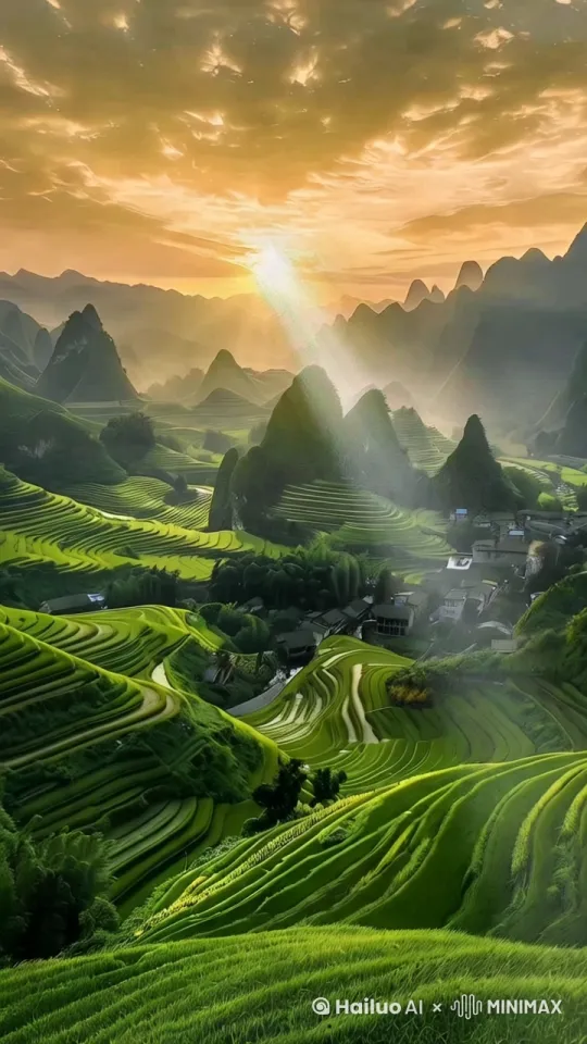 远处山峦云雾缭绕，镜头由画面底部向顶部移动，一直俯拍到太阳位置 by Hailuo AI Video Generator