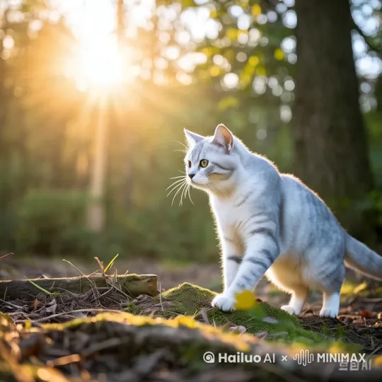 左环移拍摄，猫左右看了下环境，风吹动草、树木和猫身上的细毛 by Hailuo AI Video Generator