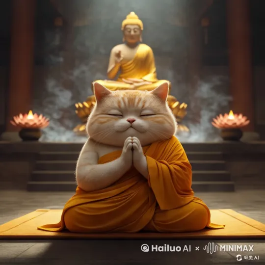 一只拟人化的胖橘猫，身穿简单的僧侣袍服，虔诚地跪坐在蒲团上，双手合十，眼睛微闭，神态庄重而专注。背景是一间宁静的佛教殿堂，供奉着一尊金光闪闪的佛像，殿堂内香烟袅袅，两侧摆放着莲花灯和香炉。整个场景充满了宁静、神圣和祥和的氛围。主体动态呈现，自然。表情自然，镜头跟随，气质 by Hailuo AI Video Generator