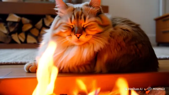 画面中心是猫，它蜷缩成一团，安静地打盹。宠物旁边有一个温暖的壁炉，炉火跳动着发出橙黄色的光芒，照亮了周围的环境。壁炉的火焰在温暖的光芒下微微摇曳，火光映照在宠物的毛发上，显得柔软而温馨。

宠物的眼睛紧闭，安详的表情透露出它完全放松、沉浸在温暖的环境中。可以在壁炉旁加入一些小细节，比如一些小木柴堆放在一旁，或者壁炉架上摆放着几个装饰品，增加氛围感。

背景可以是一个简单的室内场景，墙上可能有温暖的色调，家具或地毯为场景增添一些细节，但不抢占宠物的注意力。

这幅插图整体色调温馨、宁静，传递出一种悠闲的氛围，突出了宠物与它最喜欢的地方之间的亲密关系。 by Hailuo AI Video Generator