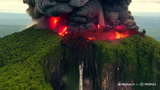 茂密的森林深处，一座高高矗立的山顶，突然火山爆发，浓烟滚滚，碎石从天而降[上升,变焦拉远] by Hailuo AI Video Generator
