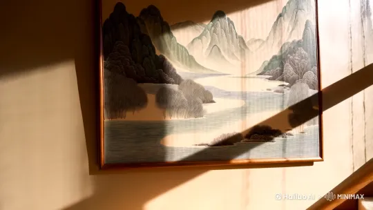 玻璃窗旁照进的阳光 刚好照在墙面上清水绿水的中式风格山水画上。悠哉悠哉 by Hailuo AI Video Generator