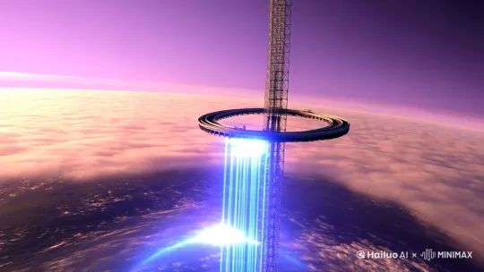 地球全景在淡紫色黎明中旋转，悬浮的巨型环轨太空电梯刺破云层，量子引擎喷射的幽蓝光柱照亮电离层。 by Hailuo AI Video Generator