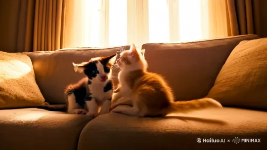 两只小猫在沙发上打架，一直黑白色的奶牛猫，一只橘白猫，画面温馨。阳光从落地窗外照进来，照在两只小猫身上。 by Hailuo AI Video Generator