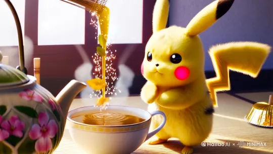 Kawaii 6-second anime sequence, Pikachu preparing matcha tea ceremony. Macro shot of ceramic teapot with sakura patterns pouring glowing amber tea stream (electric sparks trailing from spout). Character details: 3D-stylized Pikachu holding teapot with both paws, curly tail wrapping porcelain teacup, red cheek pouches emitting soft bioluminescence. Fluid dynamics: slow-motion tea arc with suspended sakura petals, hexagonal bubble refraction, steam forming pixel-heart shapes above cup. Environment: traditional tatami mat setting with bamboo tea whisk and gold-foil wagashi desserts in background. Lighting: soft diffused window light with volumetric dust particles, rim light accentuating yellow fur texture, specular highlights on liquid surface. Technical: 8K UHD/60fps, 1:1 aspect ratio for mobile viewing, chromatic aberration on liquid edges, animated moire pattern in steam, cel-shading with 2D outline effect. by Hailuo AI Video Generator