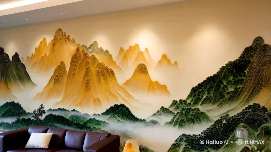 在客厅的背景墙上，精心绘制了一幅水墨丹青画卷，打造出极具韵味的中式背景墙。画面中，金色的山峦与青葱的翠岭相互错落，墨色的浓淡变化间，尽显山水的灵动与神韵。

镜头从背景墙的一侧缓缓平移而入，率先展现出那一抹苍劲的墨色勾勒出的山形轮廓，似有云雾缭绕其间。接着，镜头微微上移，捕捉到金色山体在光影下闪烁的独特质感，仿佛将山间的晨曦微光凝固于墙面之上。

随后，镜头切换至不同角度，从斜上方俯拍，让金山与青山的错落层次更加分明，那远近虚实的变化，宛如置身于真实的山水之间。再缓缓拉近镜头，聚焦于画面中的一处细节，能清晰看到水墨笔触的精妙之处，每一道墨痕都蕴含着无尽的诗意。

这般中式水墨丹青背景墙，不仅为客厅增添了浓厚的文化气息，更以独特的艺术魅力，成为空间中的视觉焦点，于每一次视角的转换中，都能领略到不同的山水之美。 by Hailuo AI Video Generator