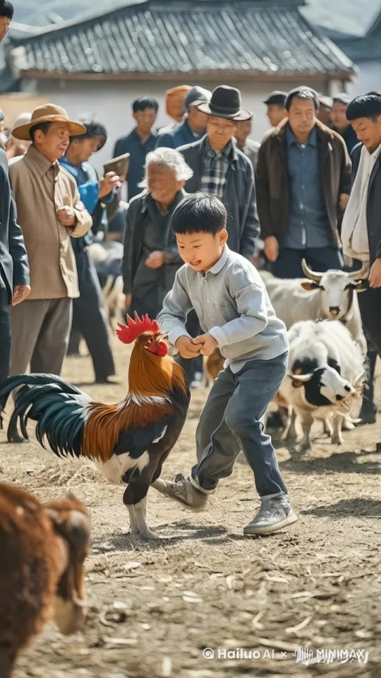 镜头移动，动态跟随，展现公鸡和小孩史诗般的激烈打斗场面，他们正在进行惊心动魄的中国功夫对决。，身体如旋风般旋转，以一记凌厉的侧踢攻向对手的头部，速度极快。右边的人一个前滚翻躲开，起身时双腿连环踢出，腿影重重，令人眼花缭乱。招式变化无穷，身影在环境中快速移动，忽左忽右，地面灰尘四起，展现出中国功夫的博大精深。周围的人欢呼雀跃、拍手叫好。
 by Hailuo AI Video Generator