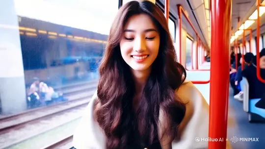 少女在火车上吃桶装方便面，吃的很高兴 by Hailuo AI Video Generator