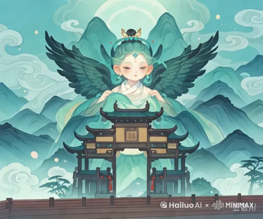 翅膀扇动，云朵移动，女孩眨眼睛晃动脑袋[推进,上升] by Hailuo AI Video Generator