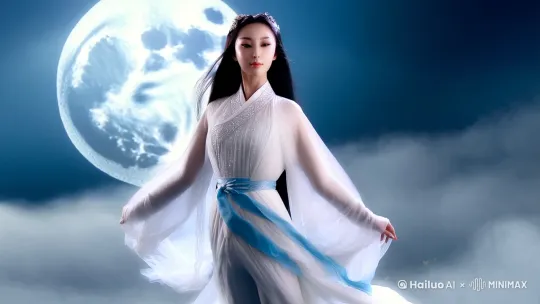 构图：在一片云雾缭绕的仙境中，汉服美女悬浮在空中，正面全身展现在眼前，背后是一轮巨大的明月。
画面描述：美女的容颜倾国倾城，五官精致绝伦，眼神中透着空灵与神秘。她身着一袭白色的汉服，衣袂飘飘，仿佛随时都会随风而去。长发如丝般柔顺，散落在身后。
细节：明月洒下清冷的光辉，照亮了美女的身影。她身上的汉服闪烁着淡淡的荧光，周围的云雾中偶尔有花瓣飘落。美女的腰间系着一条淡蓝色的丝带，随风舞动。[右移,跟随] by Hailuo AI Video Generator