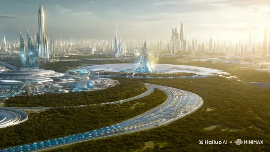 3906年的场景，世界一体，科技高度繁荣[左移,上升] by Hailuo AI Video Generator