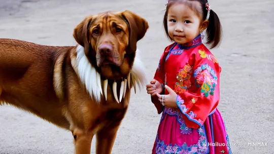 一只拉布拉多犬，棕色的毛发，脖子上有一缕白色的毛发，戴着一个狼牙的项链，一个天真可爱的小女孩，穿着古装的衣服，手脚全佩戴银饰，两个朝天羊角辫。镜头从远及近，从左到右的旋转一圈。 by Hailuo AI Video Generator
