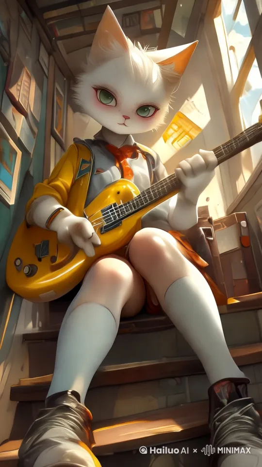 猫女正在弹吉他，嘴唇微动小声说着什么，镜头晃动 by Hailuo AI Video Generator