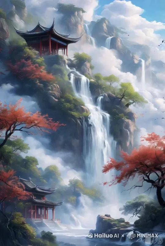 镜头慢慢的拉远，白云飘动，瀑布流动，树被风轻轻吹动，整个画面很自然 by Hailuo AI Video Generator