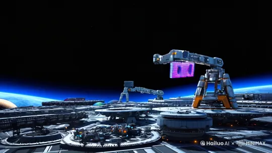 9:16Space Odyssey 4K 24fps Nolan滤镜  
分镜1 (0-4秒)：  
→ 运镜：慢速推进+微距抖动  
→ 画面：太空站，机械臂自动组装，形成「Hailuo AI」字样  
→ 动态：机械臂接触面爆发像素粒子，0.5秒切换一种星球  

分镜2 (4-10秒)：  
→ 运镜：高空俯视+螺旋下降  
→ 画面：太空站化作星际飞船，穿越虫洞  
→ 细节：每穿越一次，画面切换为一种星系（银河系→仙女座→猎户座）  

分镜3 (10-15秒)：  
→ 运镜：快速拉远+慢动作定格  
→ 画面：星际飞船坍缩成戒指，戒指投影出「Explore the Universe」  
→ 特效：戒指投影光线穿透屏幕，形成AR效果  
温:冷蓝→暖紫渐变 /镜头畸变:鱼眼MAX /动态模糊:0.5倍速 /音效:低频嗡鸣+玻璃碎裂` by Hailuo AI Video Generator