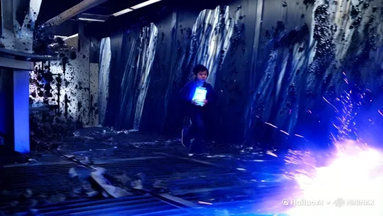 （实验室爆炸轰鸣中，中国10岁少年护住胸前闪烁蓝光的酸奶罐狂奔，金属走廊被激光烧出焦痕） by Hailuo AI Video Generator