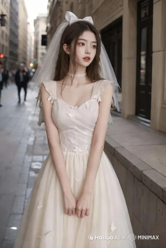 画面中的女孩向前走两步，微微侧身看向右边，镜头拉远，右摇 by Hailuo AI Video Generator
