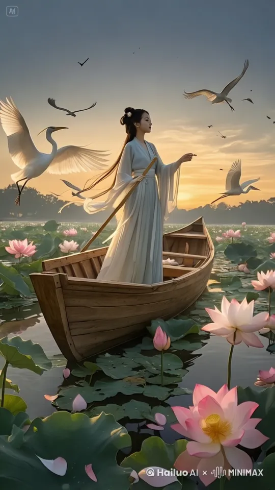鹤在天空盘旋，飞翔。
白衣女子，划动船桨，小船慢慢往前移动，水面激起水纹。
微风，吹动白色衣服，头发
 by Hailuo AI Video Generator