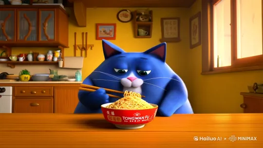 一只像人一样走路生活的可爱的蓝胖猫在拿着筷子大口大口吃同碗福牌的蟹黄拌面
1.
场景设定：可以描绘一个温馨的餐厅或家庭厨房，蓝胖猫坐在餐桌旁，面前摆着一碗香气四溢的蟹黄拌面。
2.
动作细节：描述蓝胖猫如何使用筷子，可能有些笨拙但又非常努力地夹起面条，嘴边还沾着一些蟹黄，显得非常满足。
3.
表情和神态：蓝胖猫的表情可以是享受美食的幸福模样，眼睛眯成一条线，嘴角微微上扬。
4.
环境互动：可以加入一些其他角色，比如旁边的人类朋友惊讶地看着蓝胖猫，或者其他宠物好奇地围观。[推进][跟随][推进] by Hailuo AI Video Generator