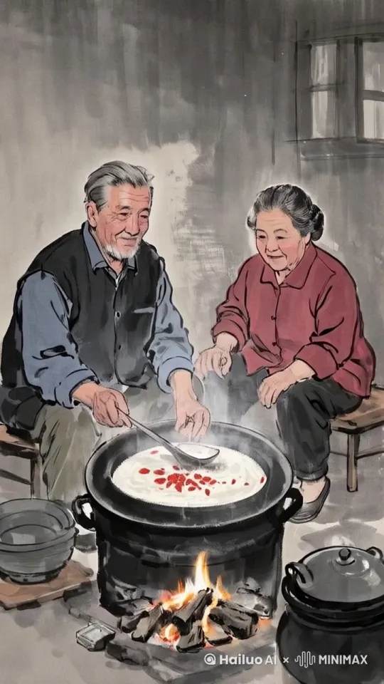 两位老人在熬粥，用勺子缓缓的搅动着锅里的粥 by Hailuo AI Video Generator
