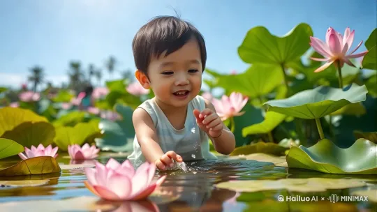 让小孩动起来，水流声动起，加上音乐 by Hailuo AI Video Generator