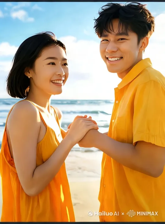 场景描述：沙滩上，阳光明媚，海浪轻轻拍打着岸边。女孩站在沙滩上，微微低头，眼神羞涩地看着男生。她穿着橙黄色的连衣裙，头发随风轻扬。

镜头：中景镜头，略微俯拍，捕捉女孩的上半身和面部表情。

动作：女孩轻轻抬头，眼神羞涩地看向男生，嘴角微微上扬。

情感：羞涩与期待。 by Hailuo AI Video Generator