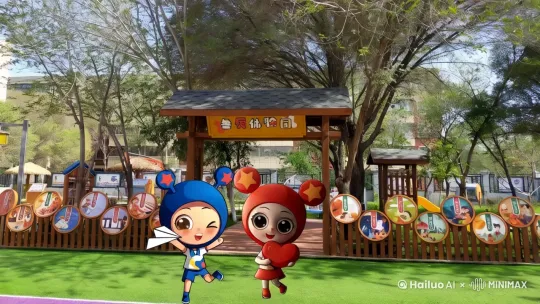蓝色吉祥物、红色吉祥物两个人从镜头中走进来，并活灵活现的向镜头说再见，镜头跟着。
卡通风格,快乐，细腻光泽，柔和的灯光 by Hailuo AI Video Generator
