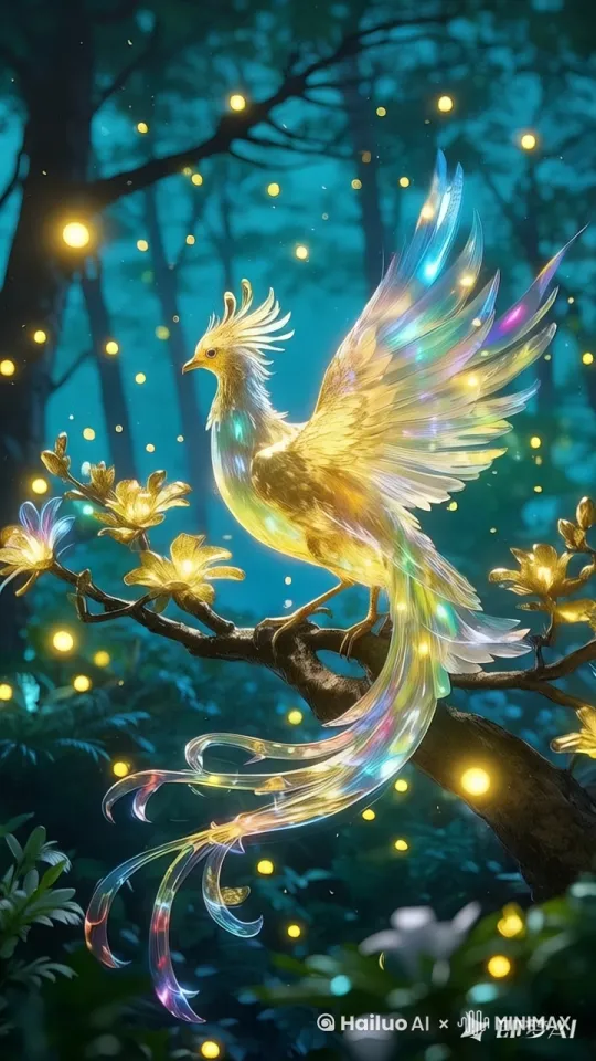主体凤凰翅膀微动，周围荧光闪烁。 by Hailuo AI Video Generator