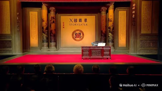 古风舞台
舞台墙面内容为:新悦说书人。附带logo。以水墨柱子画为背景。[远景，拉近]
舞台中央有一张古风书桌，桌上有书籍《三国演义》封面。[左到右]
舞台铺设红地毯， by Hailuo AI Video Generator