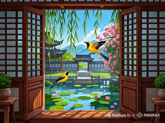 高清4K，3d国风动漫效果，细节清晰，CG渲染。微风吹过,池塘里水波荡漾，荷叶轻摇，窗外桃花落下，飞鸟向远处飞去 by Hailuo AI Video Generator