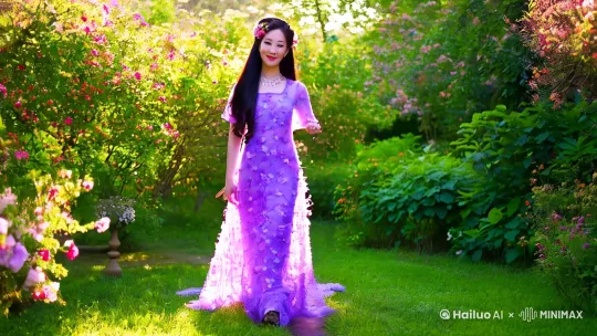 户外夏日风情摄影,一位东方美女身着轻盈透明的紫色花卉图案连衣裙,长发披肩,发间点缀同色系花朵发饰,增添了几分田园诗意。她肌肤细腻,面带甜美微笑,优雅地漫步在绿意盎然的植物园中,阳光透过树叶洒下斑驳光影,营造出梦幻般的氛围。美女颈间佩戴精致项链,右手轻触腰肢,左手做出飞吻姿势,举止间流露出俏皮与自信。画面采用柔焦效果,突出主体的同时,让背景的绿色植被和温暖阳光更加生动。中景,轻微仰拍,捕捉到她行走时裙摆轻扬的瞬间,展现出女性的柔美与活力。 by Hailuo AI Video Generator