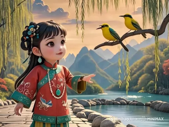 水在流，柳树轻摇，两只黄鹂鸟在一蹦一跳的嬉戏，运镜由底向上到黄鹂鸟 by Hailuo AI Video Generator