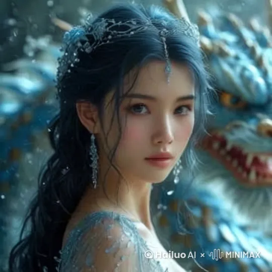 漫天下着雪花，美女带着王冠转身微笑，身后恶龙咆哮着喷吐火焰，电影质感。 by Hailuo AI Video Generator