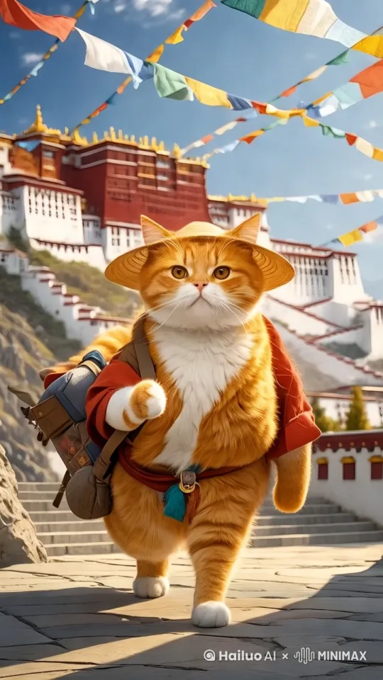 橘猫背着行李向前方走，头顶的彩色布条在风中飘动。 by Hailuo AI Video Generator