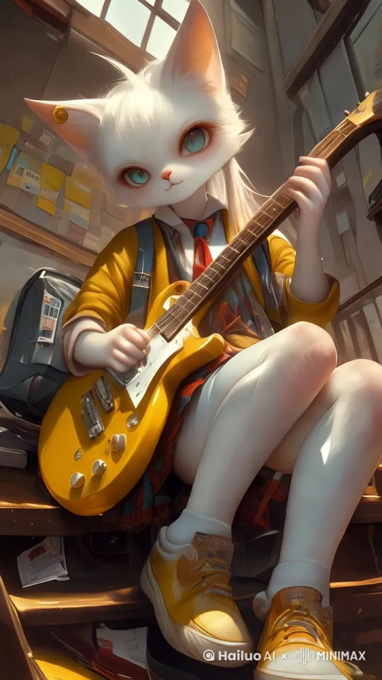 猫女正在弹吉他，嘴唇微动小声说着什么，镜头晃动 by Hailuo AI Video Generator