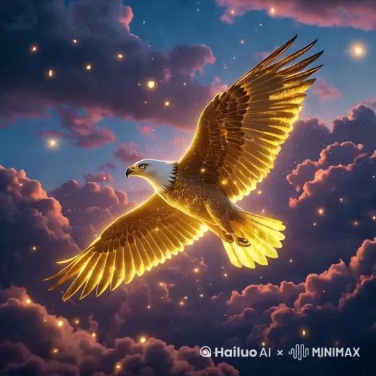 一只金色的鹰在夜空中翱翔，全身散发着耀眼的光芒，仿佛由无数金色的粒子组成。背景充满了金色的光点和粒子，营造出一种梦幻且神秘的氛围。整体风格为数字艺术，带有强烈的超现实主义色彩，光影效果突出，色彩运用大胆，给人一种震撼的视觉冲击力。 by Hailuo AI Video Generator