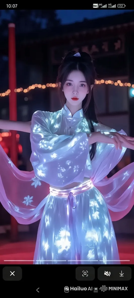 画面中的美女在热舞，动作柔美丝滑，表情可爱，眼神撩人。大师级运镜 by Hailuo AI Video Generator