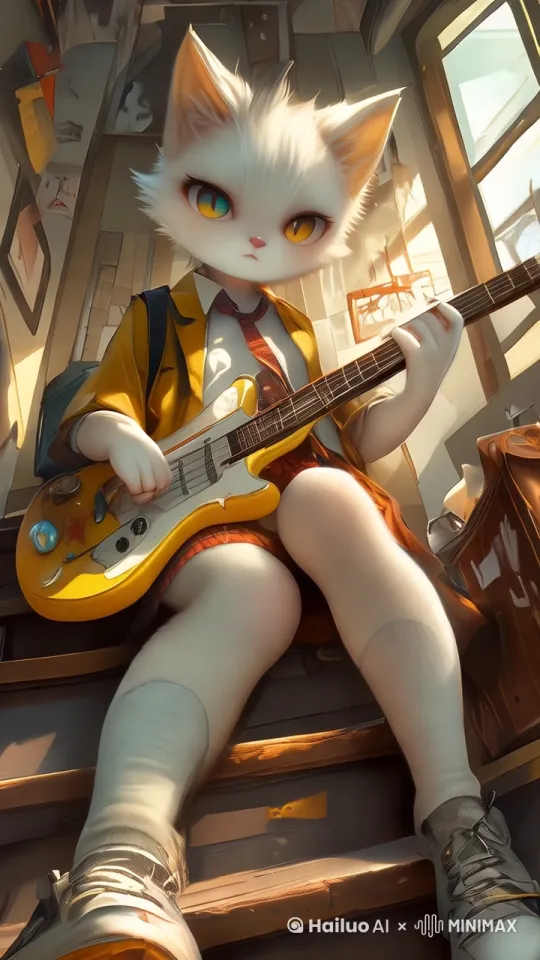 猫女正在弹吉他，嘴唇微动小声说着什么，镜头晃动 by Hailuo AI Video Generator