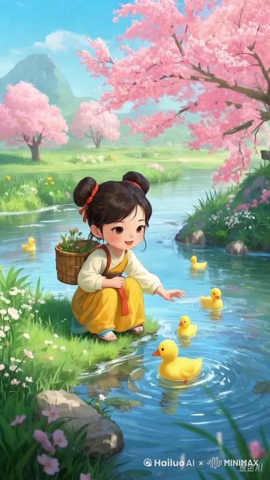 画面主体动态呈现，自然流畅，小女孩蹲下身子逗小鸭子，小鸭子在水里游来游去，景深控制，右环移[变焦推进] by Hailuo AI Video Generator