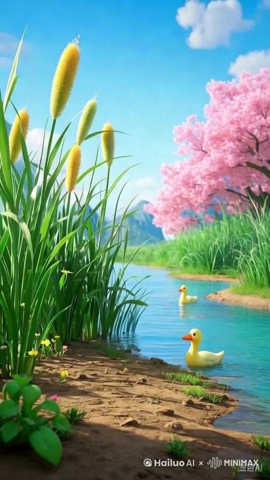 画面主体动态呈现，自然流畅，树木轻摇，小草随风摆动，小鸭子在水里游来游去，[变焦推进,上升] by Hailuo AI Video Generator