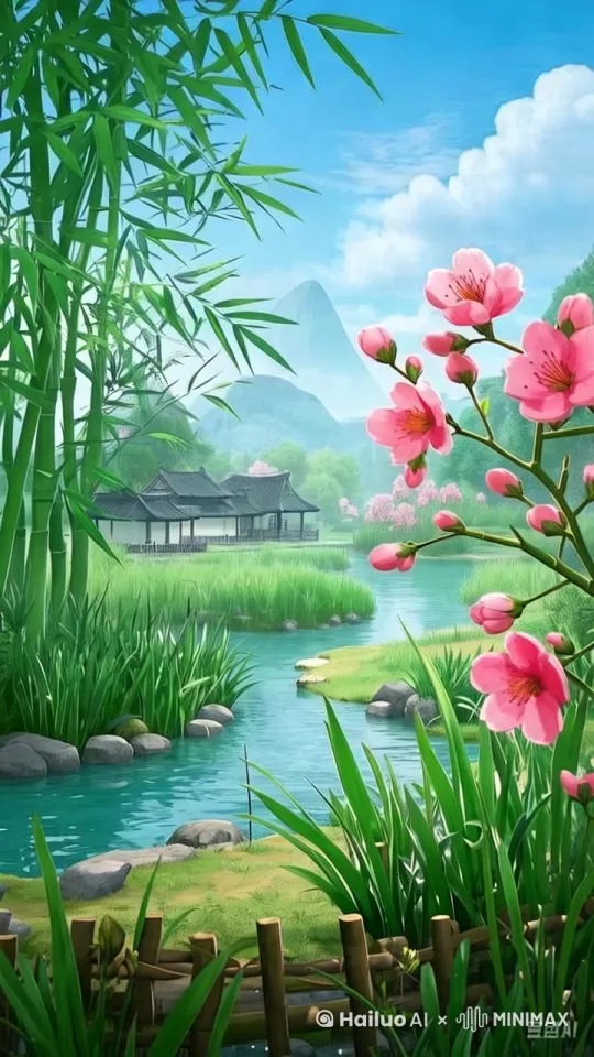 画面主体动态呈现，自然流畅，竹林和桃花轻摇，小草随风摆动，河水轻轻流动，[变焦推进,右移] by Hailuo AI Video Generator