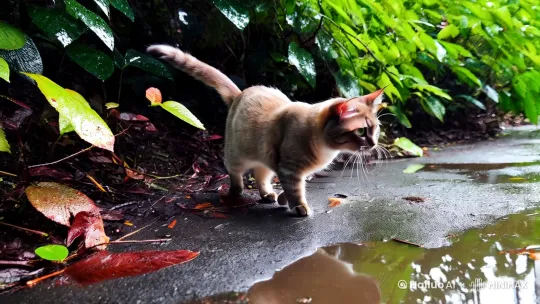 小花猫小一条雨后的小路上散步 by Hailuo AI Video Generator