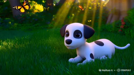 3D卡通渲染风格，白色黑斑点幼犬趴在绿草坪上（主体+场景），尾巴自然摆动，耳朵轻微抖动（动态），阳光穿过树叶洒下光斑（光影），蝴蝶环绕飞行轨迹（辅助动态），镜头缓慢推进聚焦狗狗水汪汪的大眼睛（运镜），--v 2.1 --s 60 --niji 5 --ar 3:4 --duration 5s by Hailuo AI Video Generator
