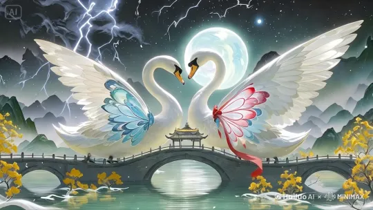 两只灵性白鹅缠绵不断，翩翩起舞，演绎梁祝生死绝恋，根据以上内容生成一个动起来的短视频。 by Hailuo AI Video Generator