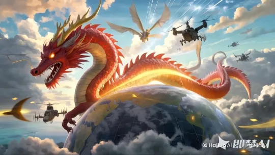 [左移,右摇,跟随]远景，龙盘旋在地球上。[右移,左摇,跟随]运用移镜头，画面跟随中国龙的飞行轨迹，呈现龙盘绕在地球上的运动轨迹，龙的四周是高科技设备环绕。时长 10 秒，画面以湛蓝天空与科技感为主色调，呈现出清新自然的视觉效果。阳光直射，在龙身上形成明亮的轮廓光，凸显其飘逸灵动。[左移,上升]龙盘旋时，周围产生淡淡的白色光芒。[跟随]有龙的呼啸声。 by Hailuo AI Video Generator